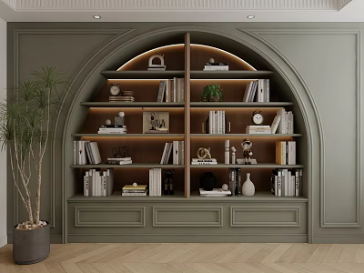 Green Built in Arched Bookcase With Books Decor Plants And Wooden Floor 3d model