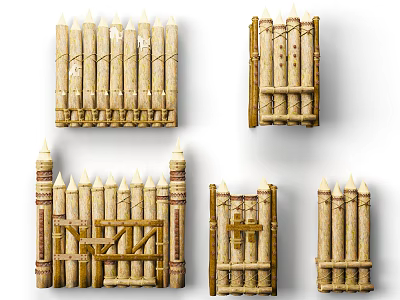 Bamboo Fence And Gate Designs With Various Patterns Vertical Slats And Weaving 3d model