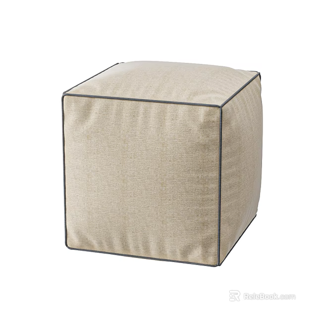 Beige Fabric Cube Ottoman With Stitched Edges For Living Room Decor 3d model 