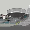 Modern Commercial Street With Circular Glass Building Green Trees And Pedestrian Area