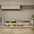 Modern Open Kitchen With Wooden Ceiling White Cabinets Island Counter Fruits Plants And Chairs