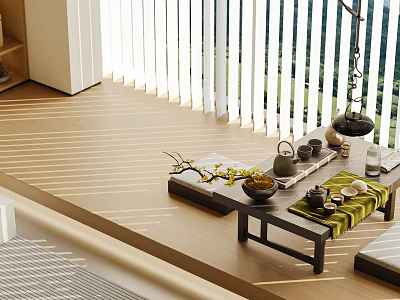 Japanese Style Tea Room New Chinese Style Log Style Tea Table Teapot Bookshelf Green Plant Potted Plant 3d model