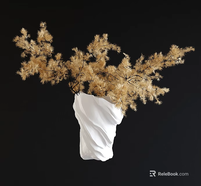White Twisted Vase Holding Golden Dried Flowers On Black Background 3d model 