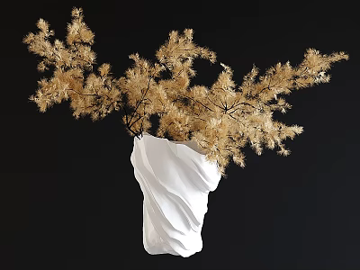 White Twisted Vase Holding Golden Dried Flowers On Black Background 3d model