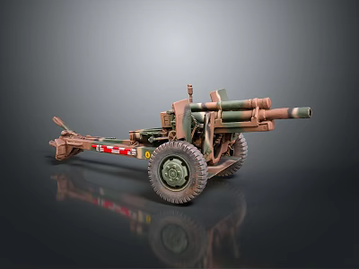 Military Artillery Weapon With Wheeled Carriage Camouflage Barrel Metal Structure And Design 3d model