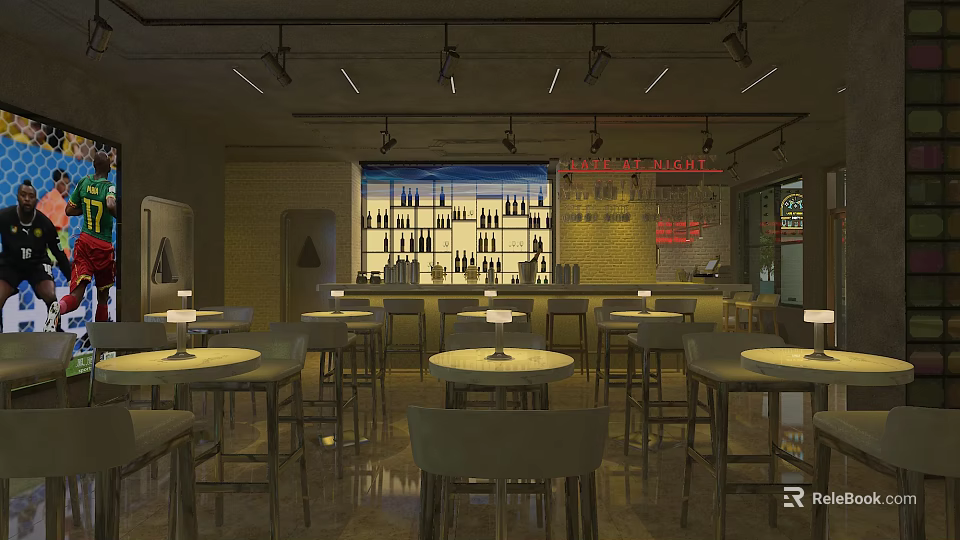 Modern Bar Interior Design With Wine Bottles Display And Round Tables Chairs 3d model 