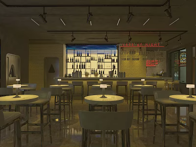 Modern Bar Interior Design With Wine Bottles Display And Round Tables Chairs 3d model