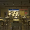 Modern Bar Interior Design With Wine Bottles Display And Round Tables Chairs