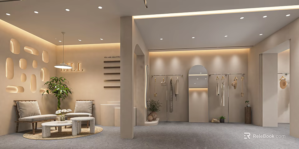 Modern Clothing Store Interior Design With Hanging Garments Mirrors Plants And Lighting 3d model 