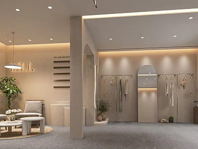 Modern Clothing Store Interior Design With Hanging Garments Mirrors Plants And Lighting 3d model