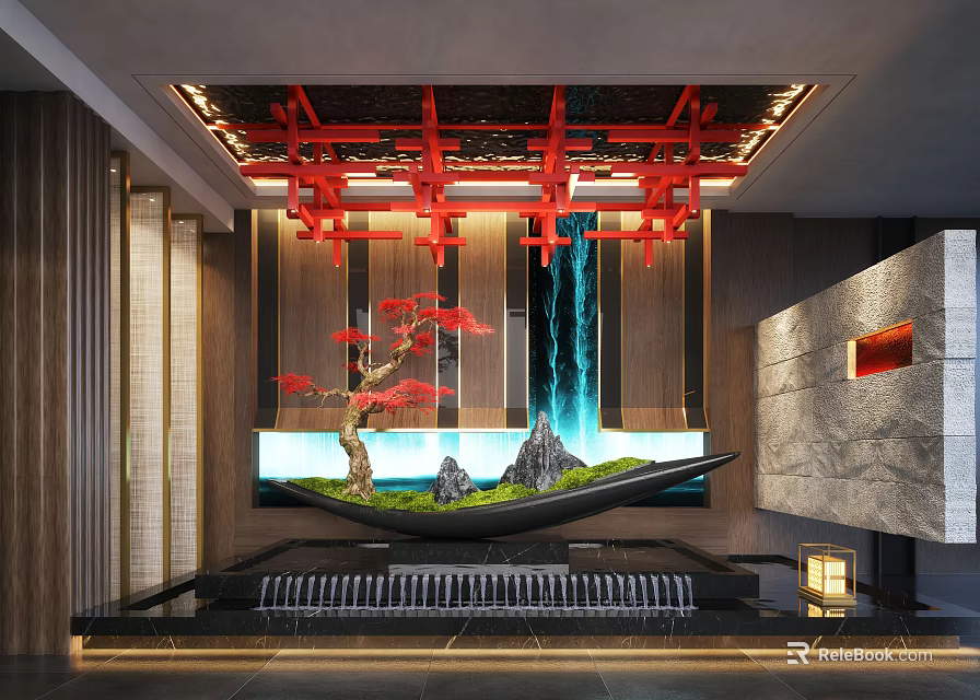Elegant Indoor Landscape Design With Red Decorative Ceiling Waterfall Feature Red Pine And Stone Wall 3d model 