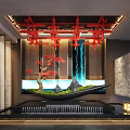 Elegant Indoor Landscape Design With Red Decorative Ceiling Waterfall Feature Red Pine And Stone Wall