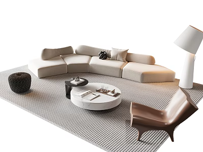 Modern L Shaped Sofa And Coffee Table Set With Throw Pillows And Striped Rug 3d model