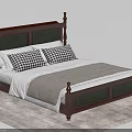 Dark Brown Wooden Double Bed with Green Upholstered Headboard Plaid Pillows and Light Rug