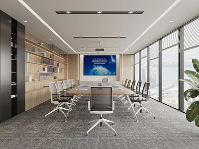 Modern Conference Room Interior Design With Long Meeting Table Ergonomic Chairs And Large Windows 3d model