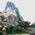 Building Blocks Model of Mountain Waterfall with Green Grass Pink Flowers and Small Boat