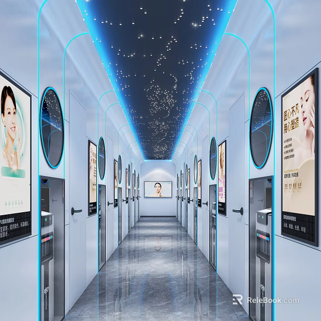 Modern Elevator Corridor With Stylish Design Starry Ceiling And Advertising Screens 3d model