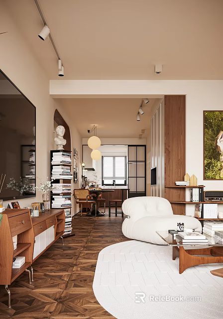Modern Living Dining Room Interior With Wooden Furniture White Armchair Stacked Books And Pendant Lights 3d model 