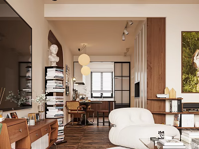 Modern Living Dining Room Interior With Wooden Furniture White Armchair Stacked Books And Pendant Lights 3d model