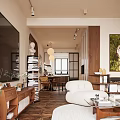 Modern Living Dining Room Interior With Wooden Furniture White Armchair Stacked Books And Pendant Lights