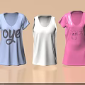Casual T Shirts with Blue Oye Print White Sleeveless and Pink Cartoon Text Graphics