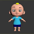 Cute Cartoon Baby with Yellow Hair Blue Shirt Shorts Smiling Face Barefoot Standing