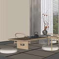 Minimalist Wooden Tea Table And Chairs With Tea Set And Flower Vase By Window
