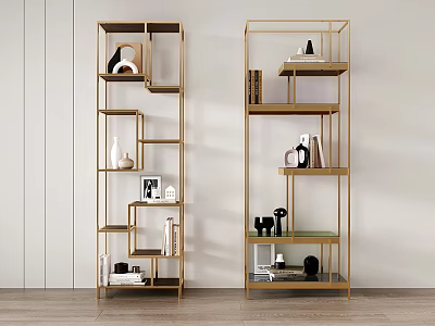 Modern Golden Metal Frame Sideboard with Multiple Shelves and Decorative Items 3d model