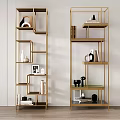 Modern Golden Metal Frame Sideboard with Multiple Shelves and Decorative Items