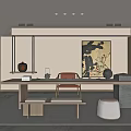 Traditional Tea Room Interior Design With Wooden Table Tea Set And Artwork