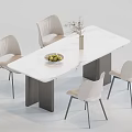 Modern Dining Table Set With White Marble Top Four Upholstered Chairs And Fruit Bowl Vase