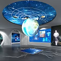 Modern HUAWEI Technology Exhibition Hall With Digital Display Screens Exhibition Counters And Ceiling Lights
