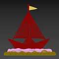 Landscape Sculpture Featuring Paper Boat With White Sail Yellow Flag And Blue Wave Base