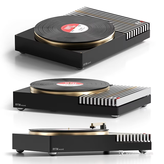 Stylish Retro Vinyl Record Player With Black Gold Turntable Striped Panel And FIFINE Audio Brand 3d model 