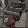 Modern Double Bed with Gray Bedspread Pillows and Bedside Table Lamp on Bedroom Rug