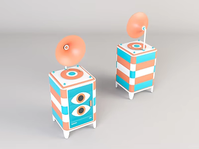 Striped Console And Side Cabinets With Orange Circular Top And Eye Pattern Design 3d model