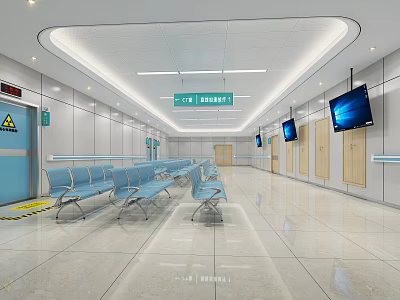 Clean Modern Hospital Waiting Area Featuring Blue Seats Emergency Sign Wall TVs And Ceiling Lights 3d model