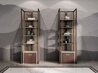Two Modern Luxury Shelving Units With Drawers On Marble Floor And Mountain Pattern Background Wall 3d model