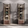 Two Modern Luxury Shelving Units With Drawers On Marble Floor And Mountain Pattern Background Wall