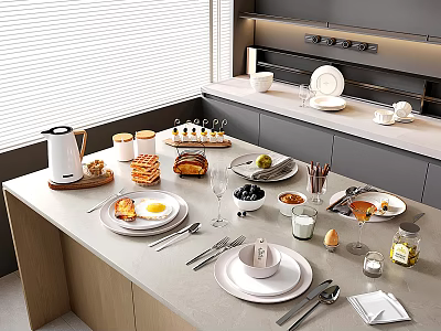 Modern Kitchen Countertop Dinnerware Set With Plates Cups Utensils And Waffles Bread 3d model