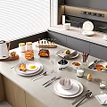 Modern Kitchen Countertop Dinnerware Set With Plates Cups Utensils And Waffles Bread 3d model