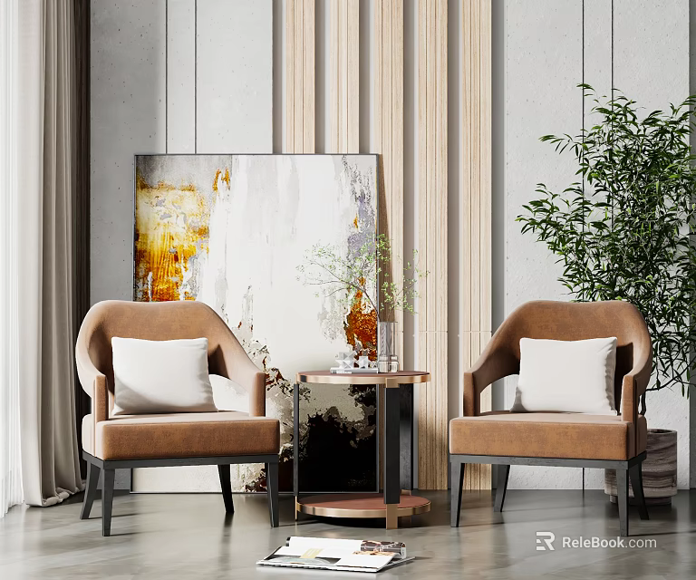 Modern Leisure Chair Set With Brown Upholstery White Cushions Side Table And Abstract Painting 3d model 