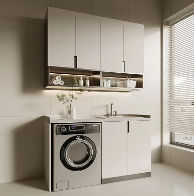 Minimalist White Bathroom Cabinet Rack with Open Shelves Toiletries Rolled Towels and Washing Machine 3d model
