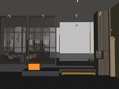 Modern Interior Space With Black Metal Screens Gold Pendant Lights And Wooden Steps 3d model