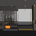 Modern Interior Space With Black Metal Screens Gold Pendant Lights And Wooden Steps