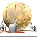 Giant Moon Art Installation In Outdoor Plaza With Rabbit Sculptures And Visitors