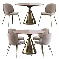 Modern Dining Table Set With Wooden Top Brass Base And Gray Upholstered Chairs