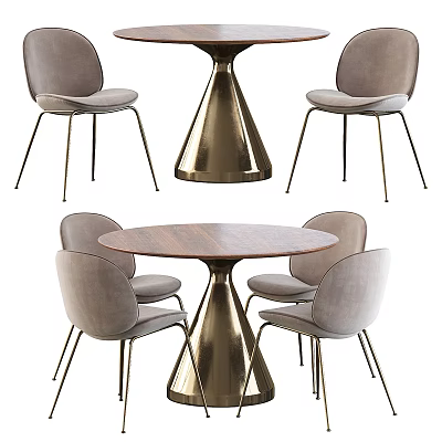 Modern Dining Table Set With Wooden Top Brass Base And Gray Upholstered Chairs 3d model