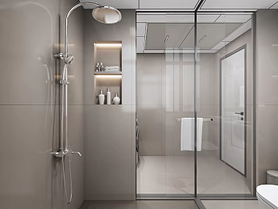 Modern Bathroom Interior With Glass Shower Enclosure Niche Toiletries Hanging Towel And Gray Tiles 3d model