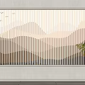 Bedroom Accent Wall Featuring Vertical Slats Wavy Patterns Flying Birds Brown Tones and Green Plant